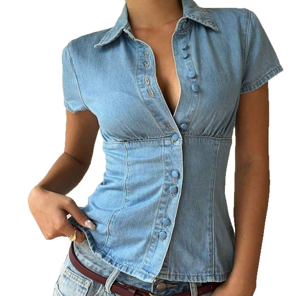 Figure-flattering Waist-cinching Single-breasted Denim Short-sleeve Shirt