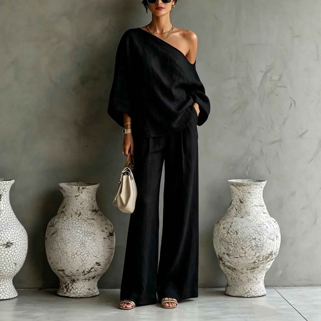 Off-Shoulder Knit Top & Wide-Leg Pants Set — 11 Colours