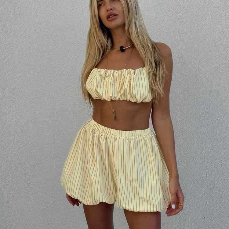 Striped 3-Piece Set – Oversized Shirt, Crop Tube Top & Elastic Shorts