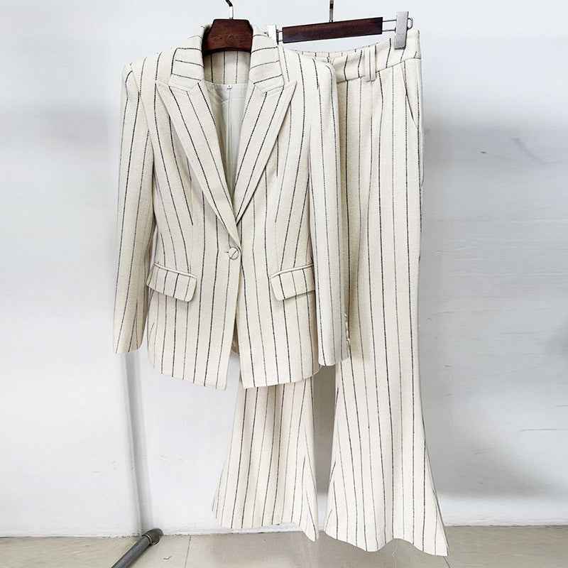 Pinstripe Brushed Suit Jacket & Pants Set — Street-Chic Two-Piece