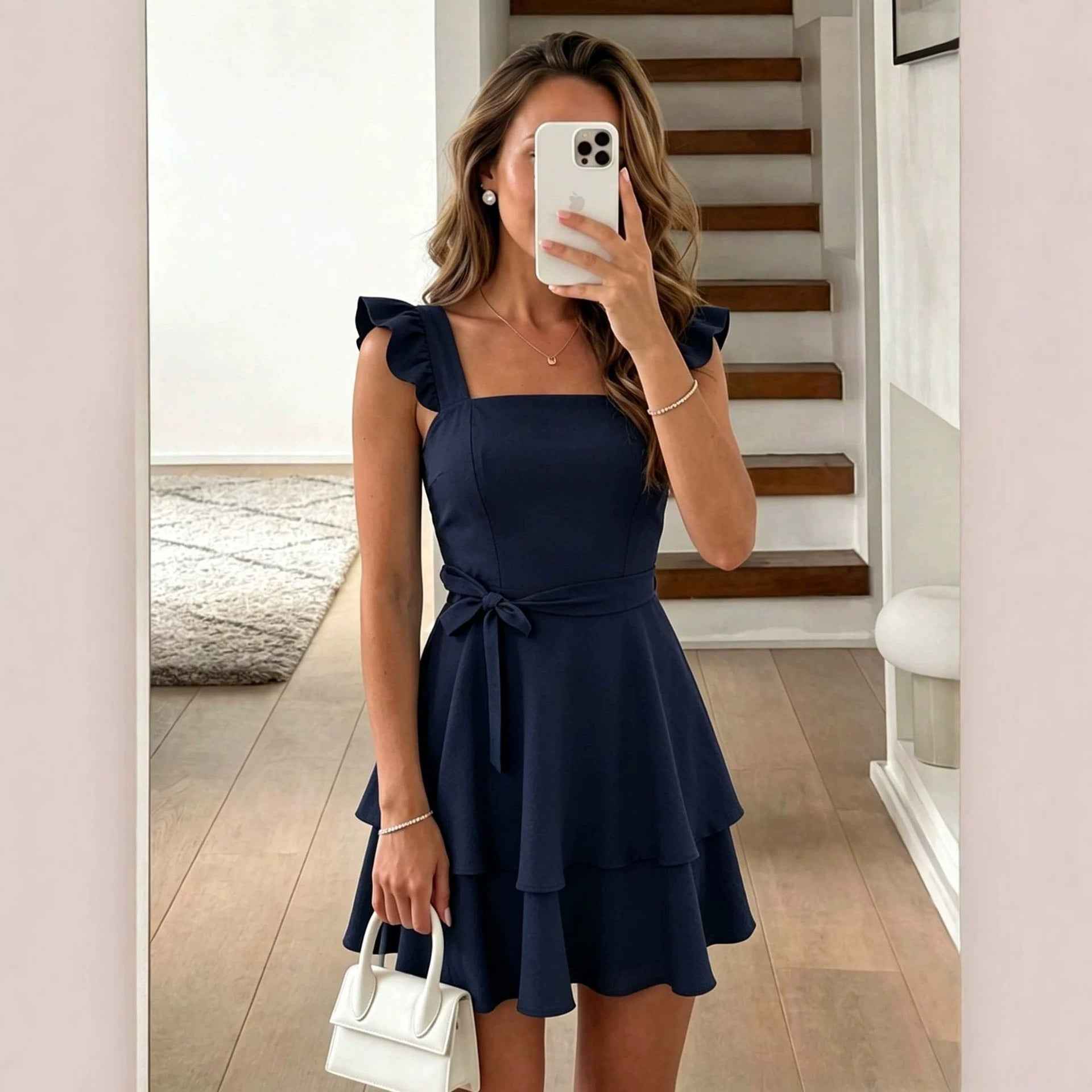Square Neck Ruffled Cap Sleeve Dress - Women's Casual Fitted Summer Mini Dress with Flounce Detail