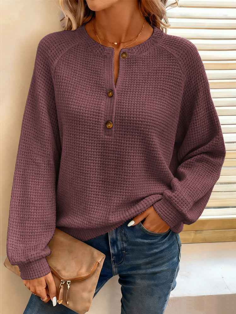Waffle Knit Henley Top | Raglan Long Sleeve Loose Fit