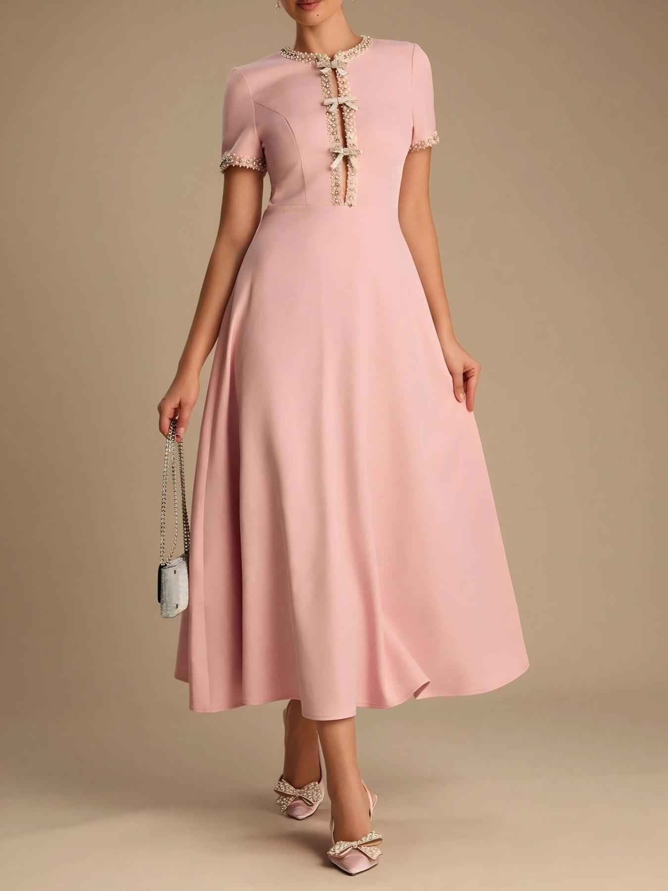Rhinestone-Embellished A-Line Dress — High Waist, Elegant Office Wear