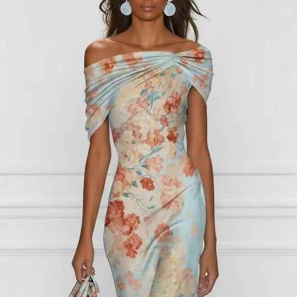 Colour-Block Digital Floral Print Asymmetric Hem High-Waist Floor-Length Dress