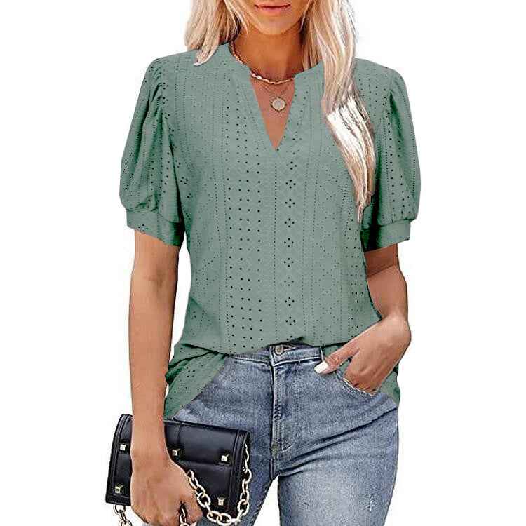 Women's Puff Sleeve V-Neck Top — Hollow-Out Loose Summer T-Shirt