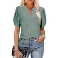 Women's Puff Sleeve V-Neck Top — Hollow-Out Loose Summer T-Shirt