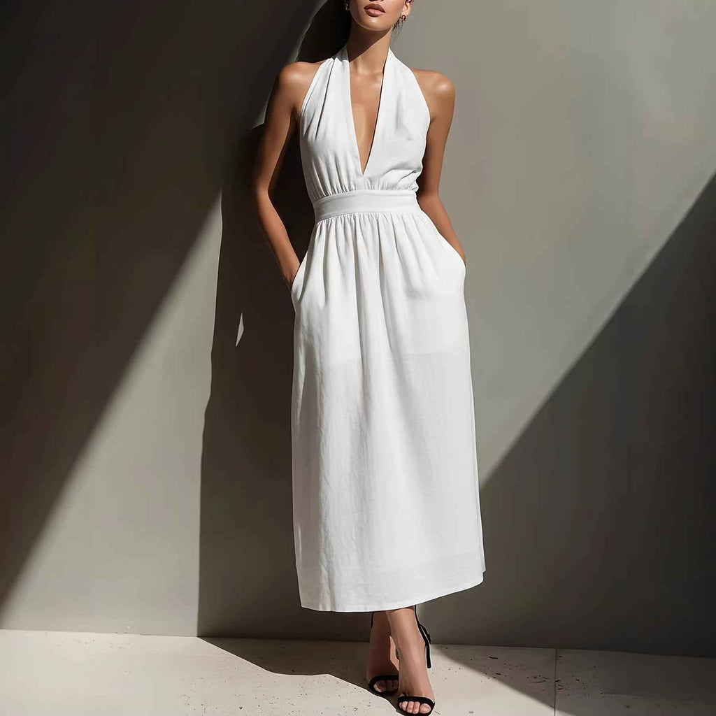 White Off-Shoulder Halter Neck Midi Dress