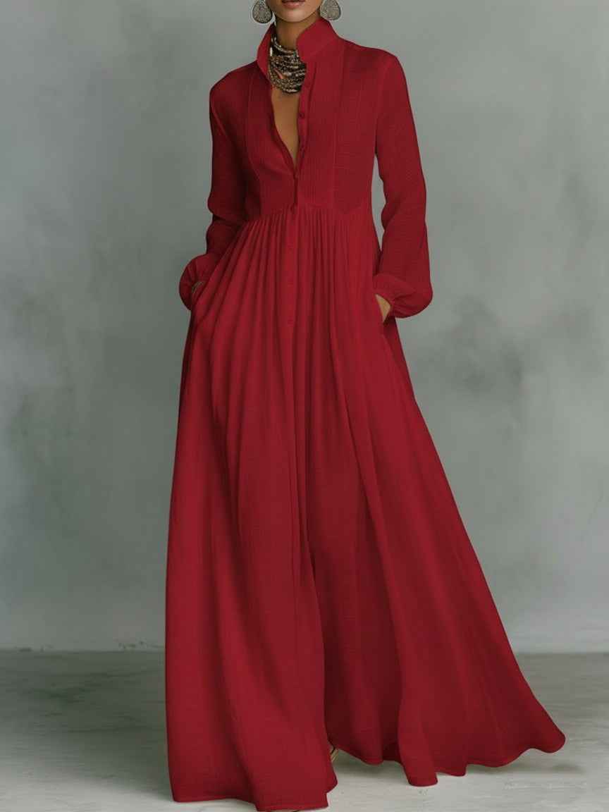 Elegant Stand Collar Button Down Maxi Dress - Long Sleeve Pleated Flowy Gown With Pockets