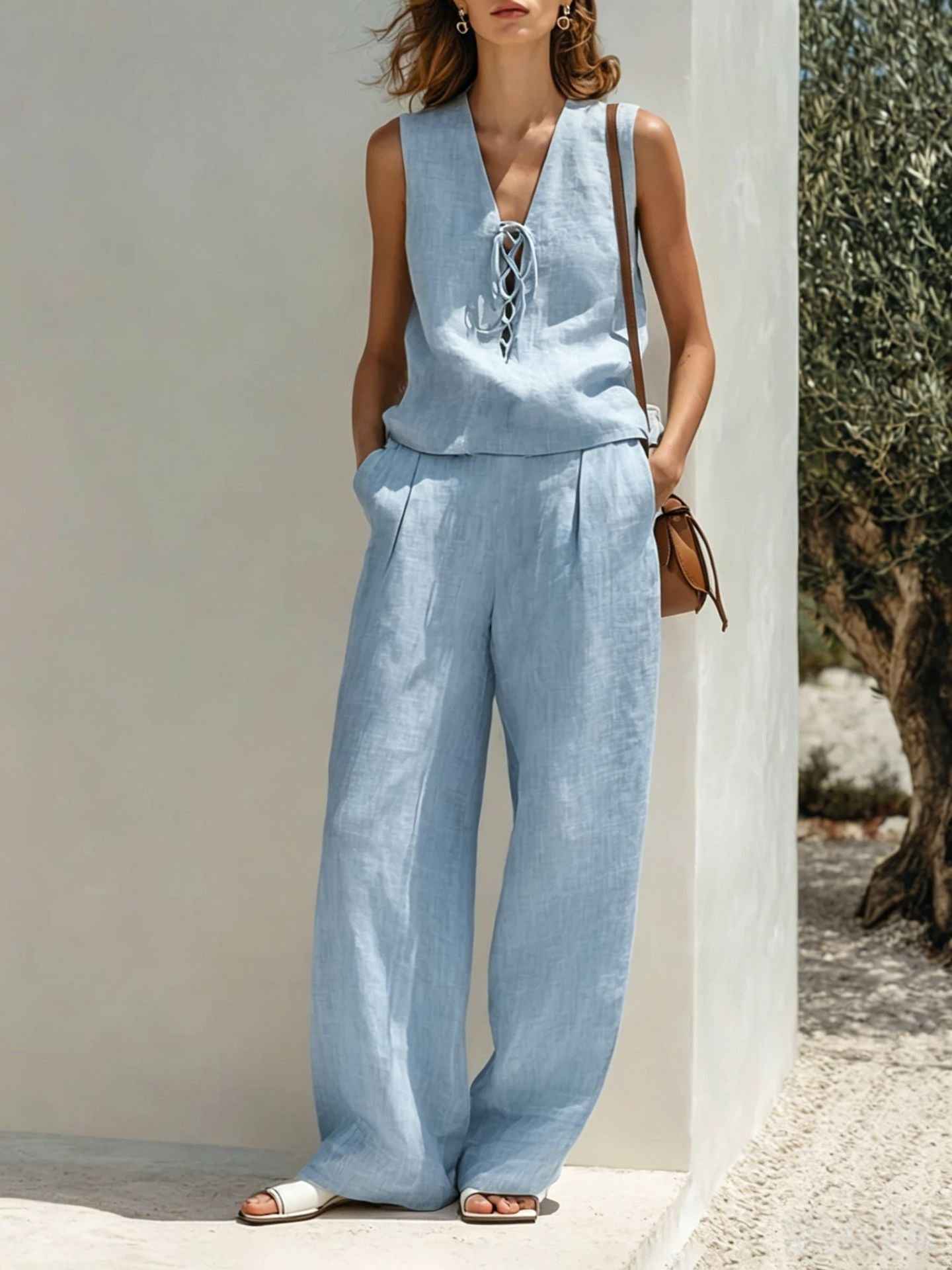 Linen Lace-Up Sleeveless Vest & Wide-Leg Pants Set
