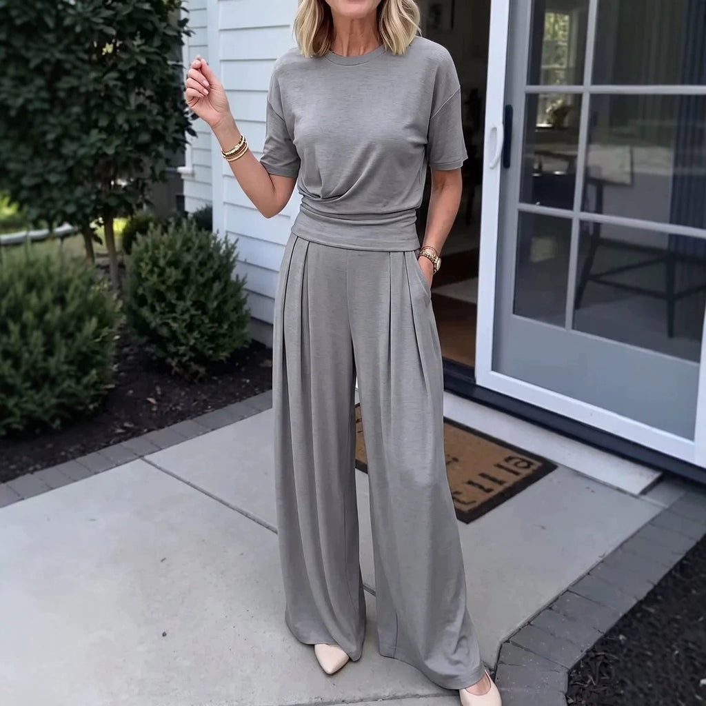 Loose Crew-Neck Tee & Wide-Leg Pants Set with Pockets