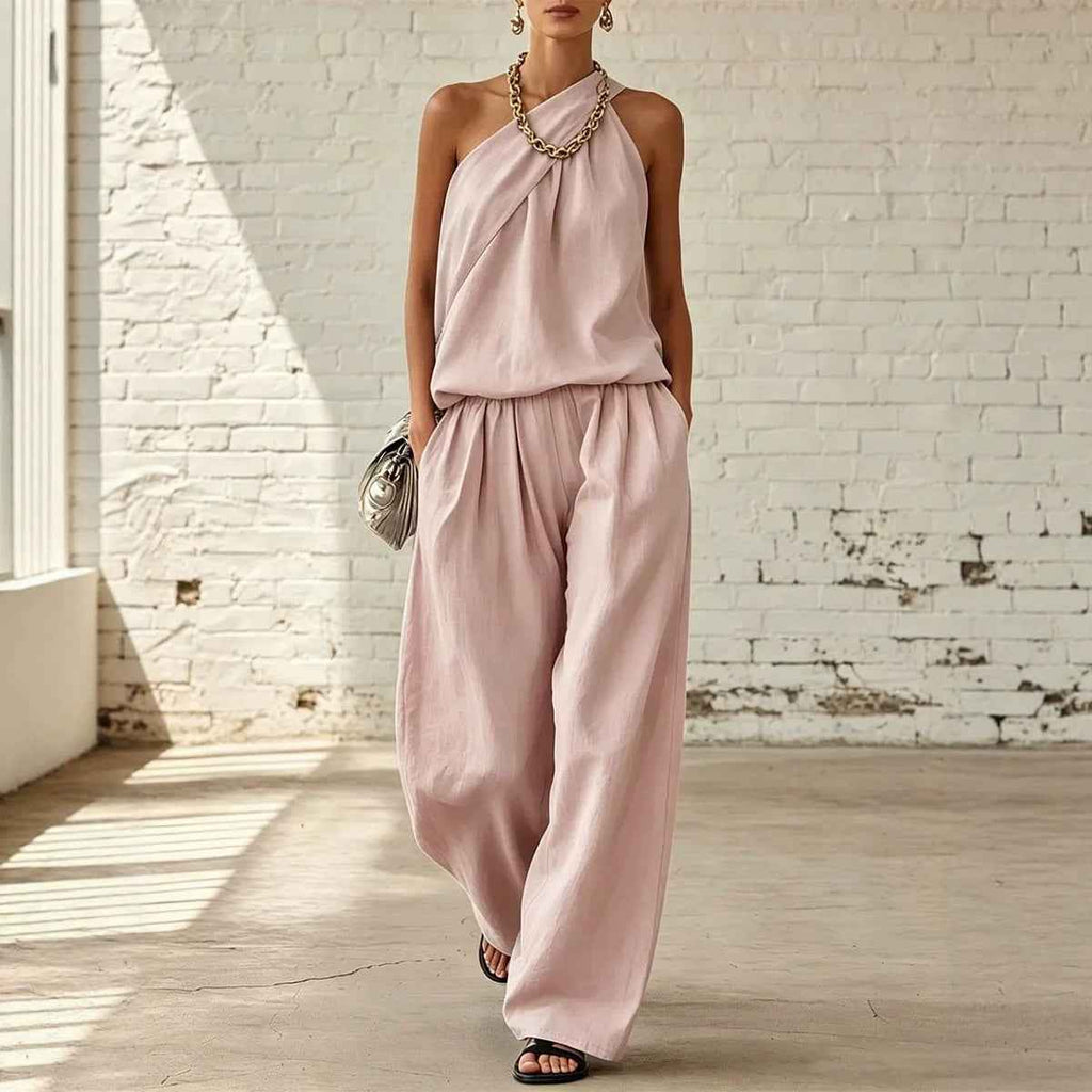 Cotton-Linen Pleated Sleeveless Double-Layer Top & Wide-Leg Pants Elegant Two-Piece Set