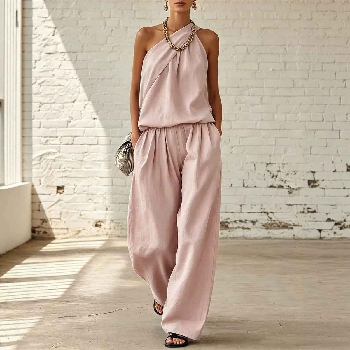 Cotton-Linen Pleated Sleeveless Double-Layer Top & Wide-Leg Pants Elegant Two-Piece Set