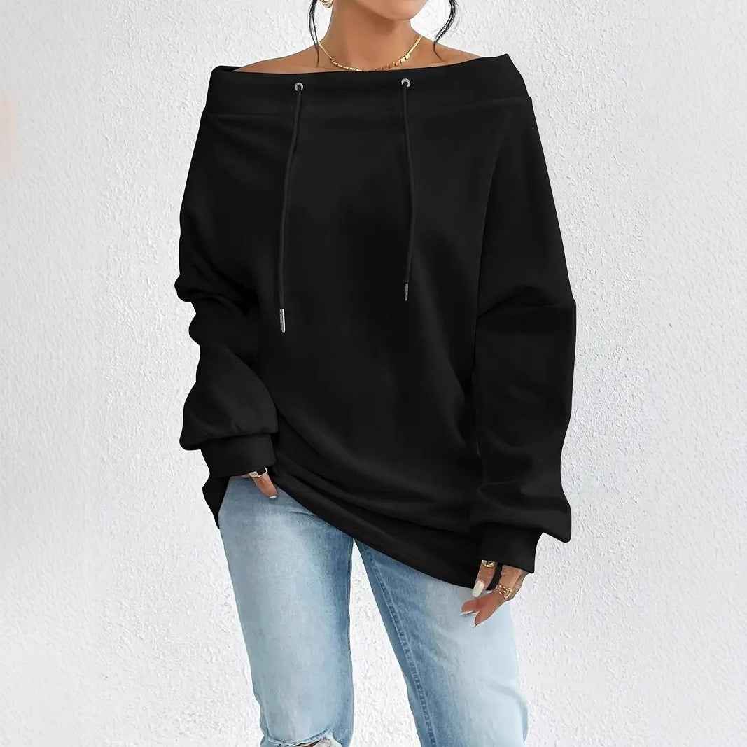Off-Shoulder Drawstring Sweatshirt | Boat Neck Loose Pullover