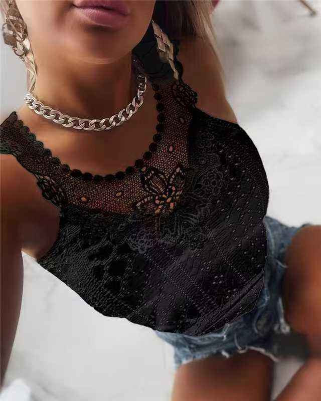 Lace Trim Jacquard Vest – Slim Fit Sleeveless Top