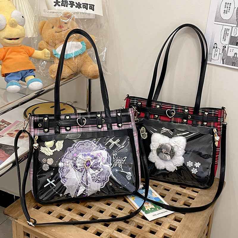 Plaid Manga-Inspired Tote Bag — Japanese Style Pin Bag