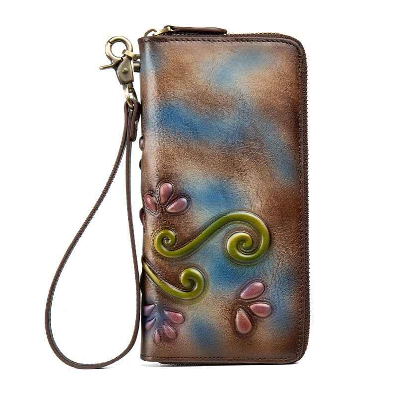 Floral Genuine Leather Zipper Wallet – Retro Style