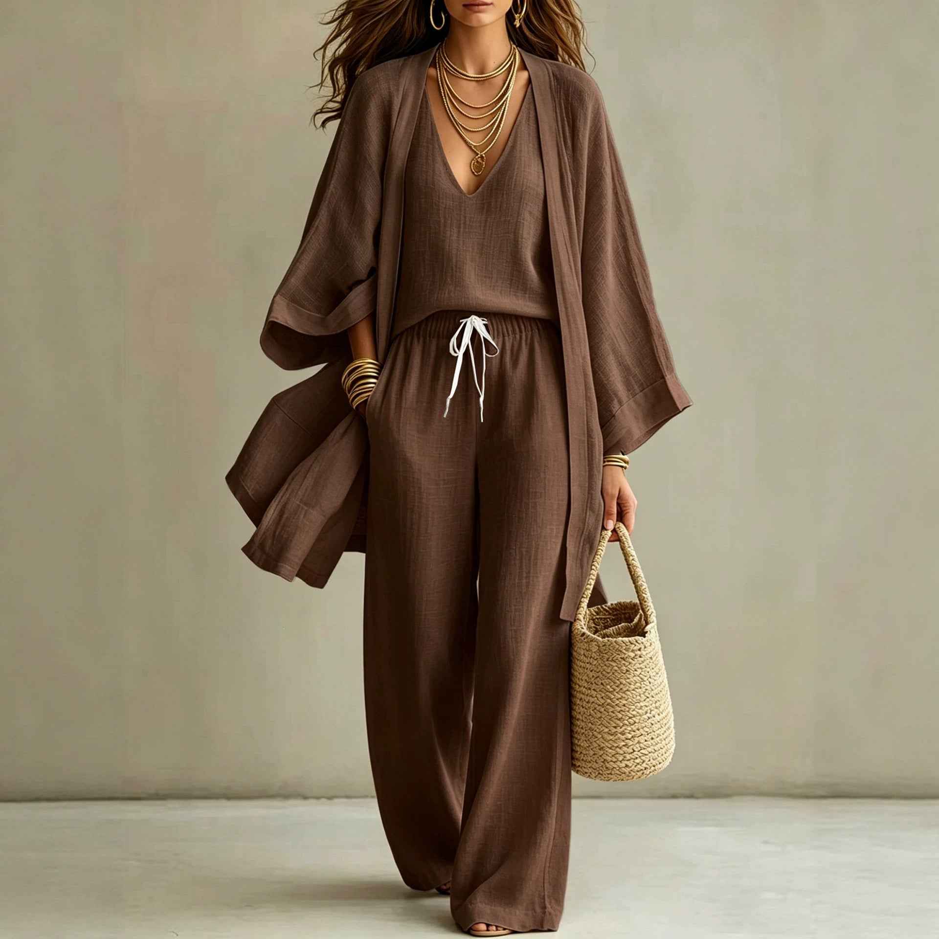 Women's 3-Piece Cardigan, Vest & Wide-Leg Trousers Set
