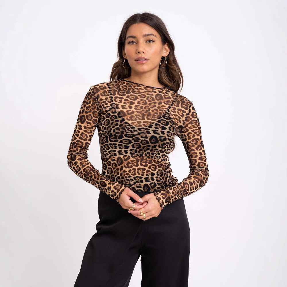 Leopard Print Mesh Long-Sleeve Top – Slim Fit Street Style