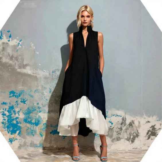 Women's Short-Sleeve V-Neck Asymmetric Ruffle Maxi Dress