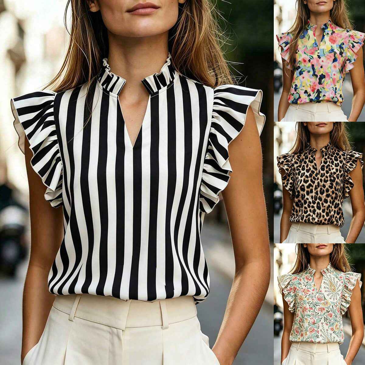 Ruffle-Trim Printed Sleeveless Shirt