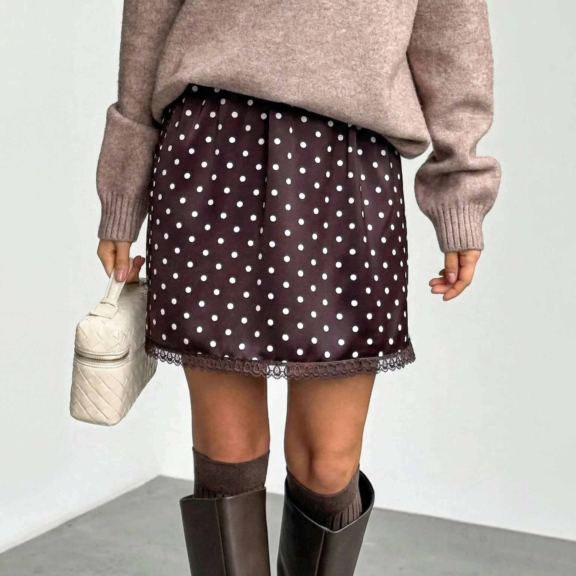 Women's Polka Dot Lace-Spliced Satin Mini Skirt — A-Line & Retro