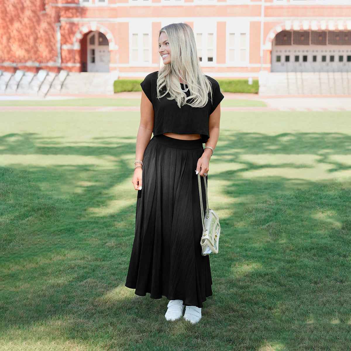 Cropped Top & Pleated Midi Skirt Two-Piece Set