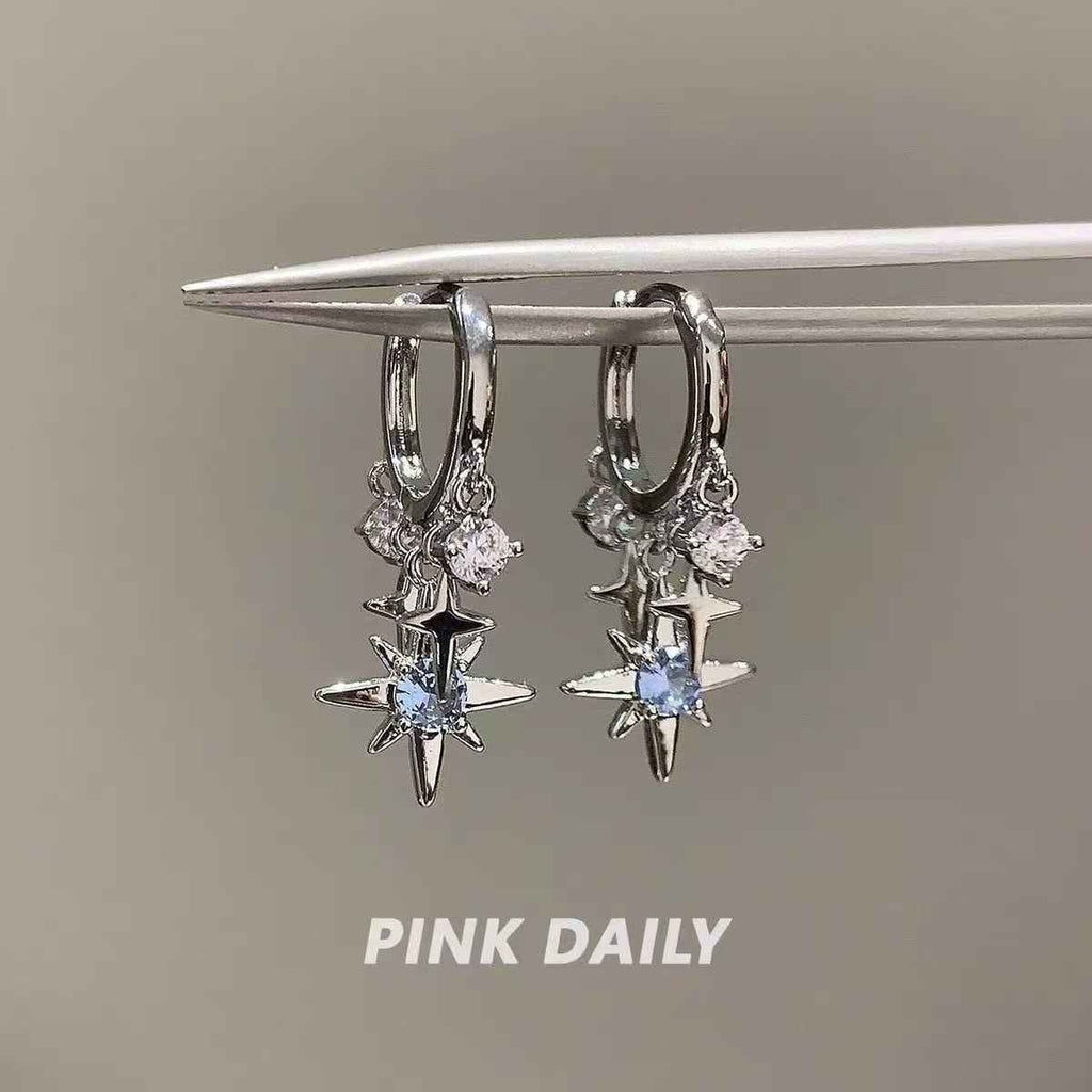 Sweet & Cool Style Blue Sparkling Rhinestone Eight-Pointed Star Drop Earrings For Women, Fashion Versatile Elegant Star Pendant Huggie Ear Jewelry