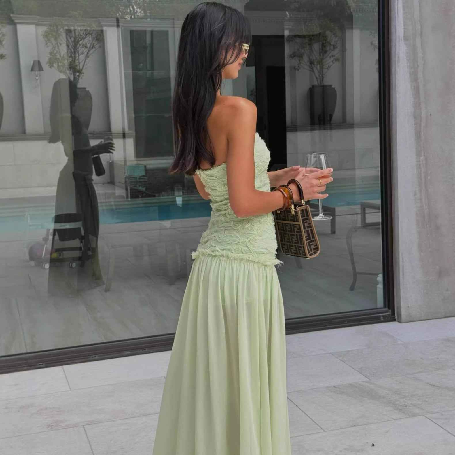 Women's 3D Floral Chiffon Maxi Dress — Slim Fit & Patchwork Detail