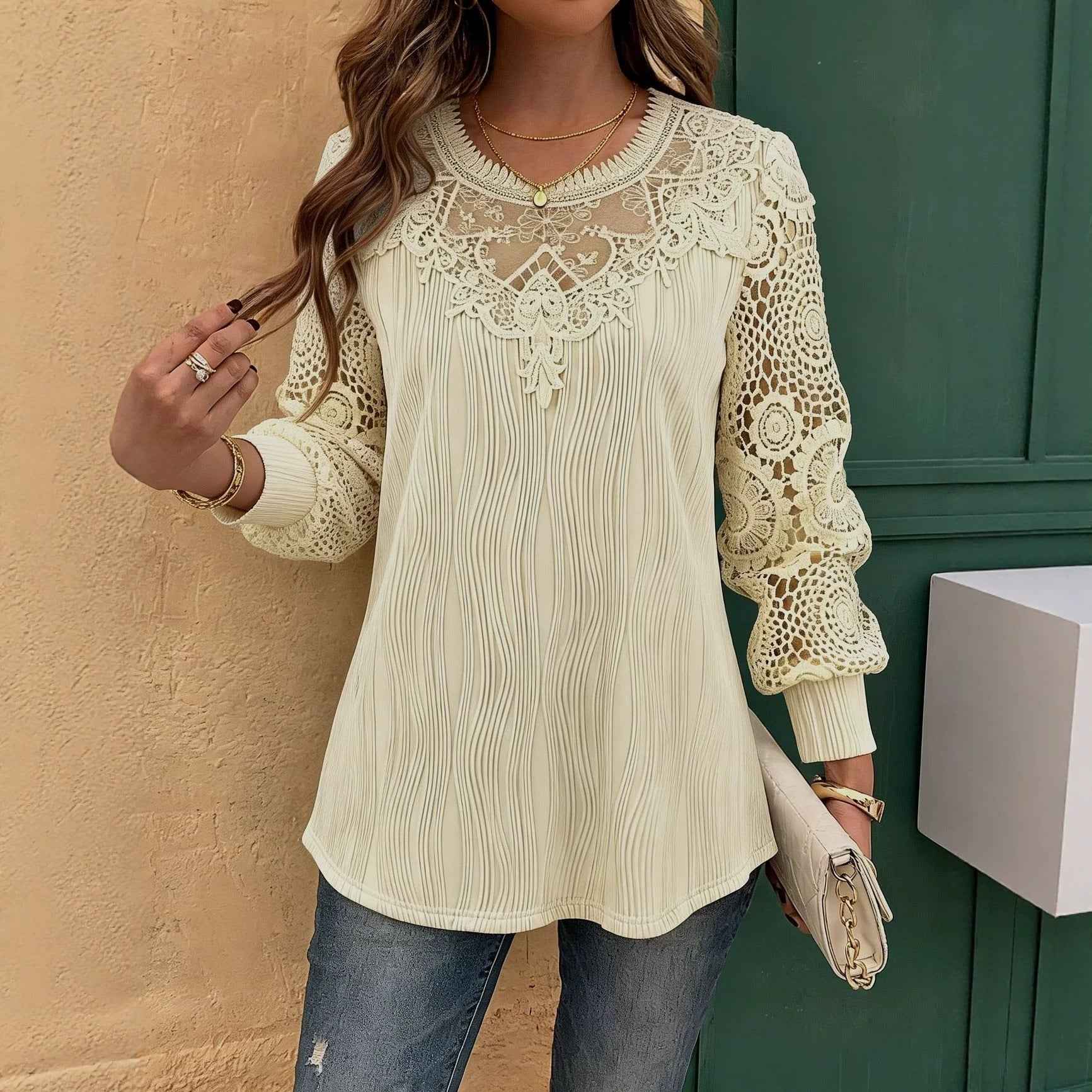 Lace-trimmed Wave-patterned Panel-seam Womens Long-sleeve Blouse