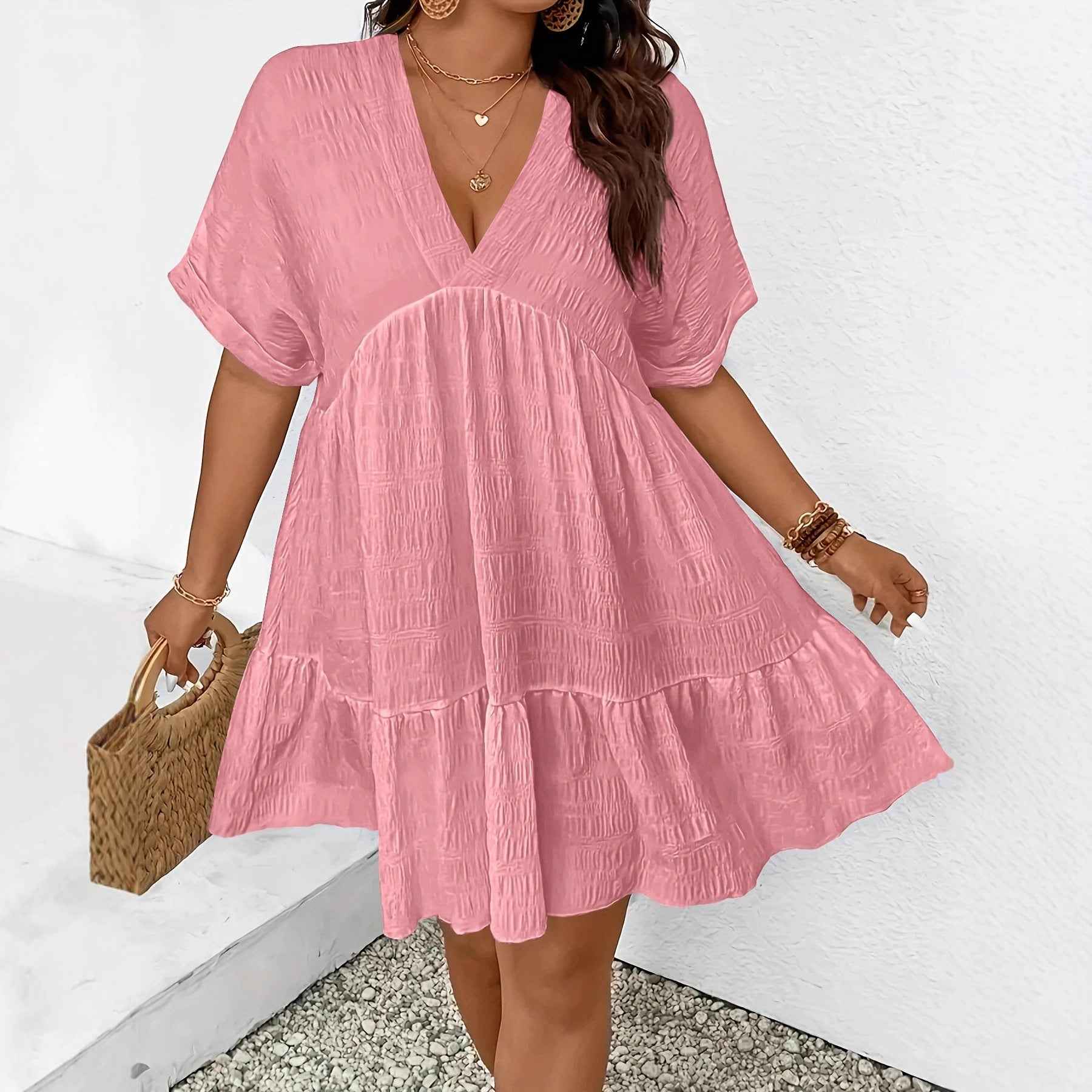 Deep V-Neck Short-Sleeve Loose-Fit Pullover Midi Dress – Plus Size