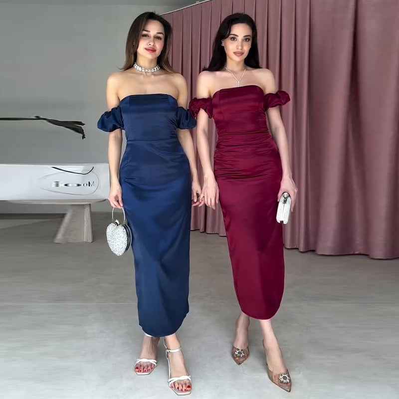 Off-shoulder Set-in Sleeve Pleated Elegant Gown For Sophisticated Ladies