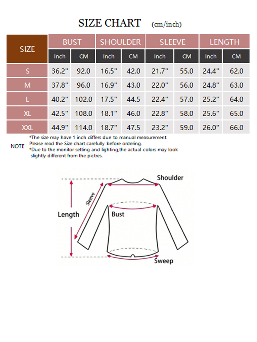 Women's Yellow Textured V-Neck Long-Sleeve Knit Top - S to XXL bust, shoulder, sleeve and length chart
