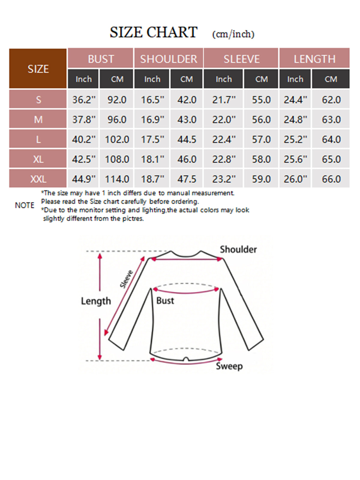 Women's Yellow Textured V-Neck Long-Sleeve Knit Top - S to XXL bust, shoulder, sleeve and length chart