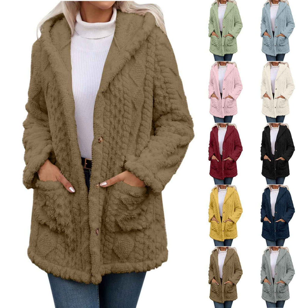 Women's Hooded Button Cardigan Jacket – Thick Knit, Long Sleeve