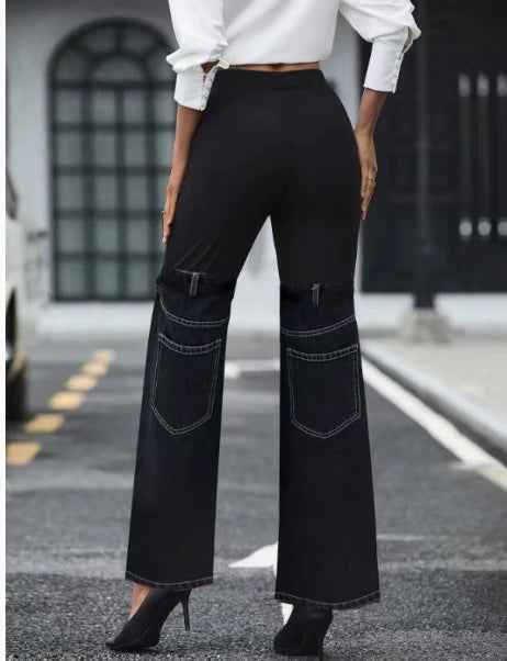 Knit Denim Patchwork Wide-Leg Pants — Elastic High Waist, 4 Colours