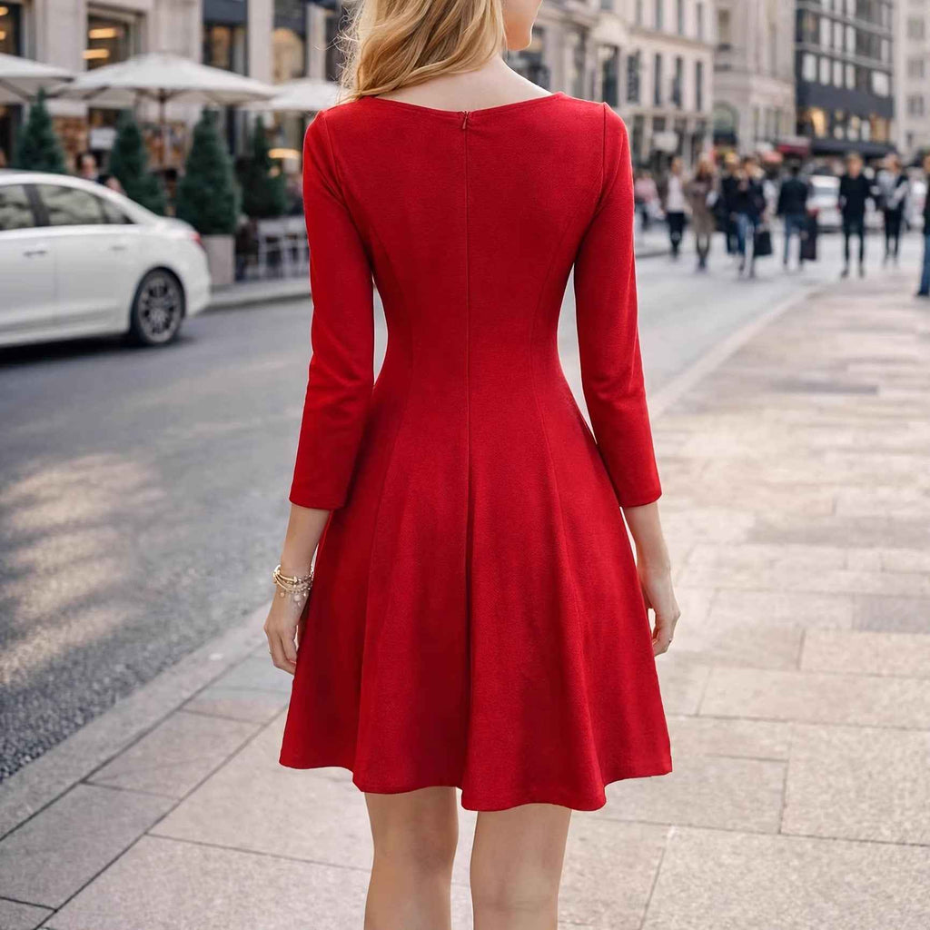 Women's Square Neck Long-Sleeve A-Line Midi Dress — Navy Blue & Red