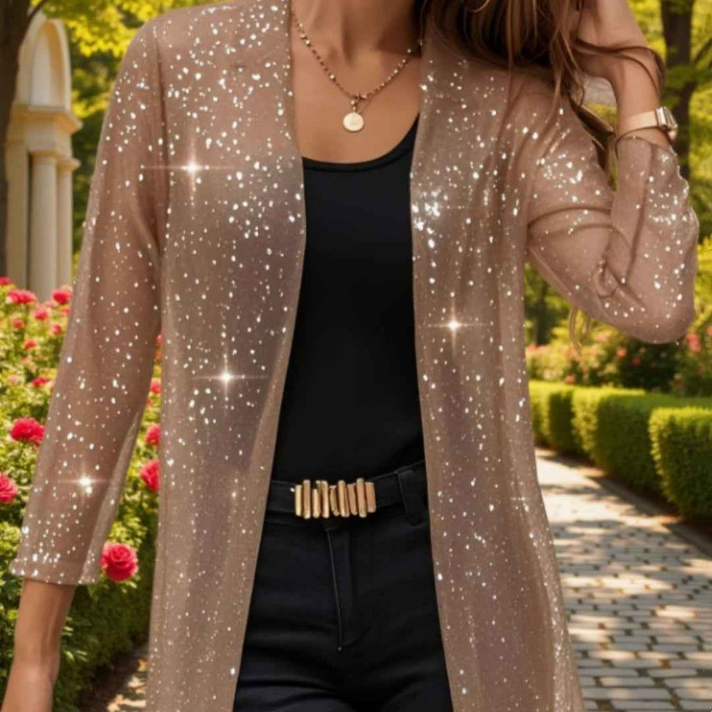 Elegant Semi-sheer Long Cardigan With Shimmering Mesh Detailing For Women
