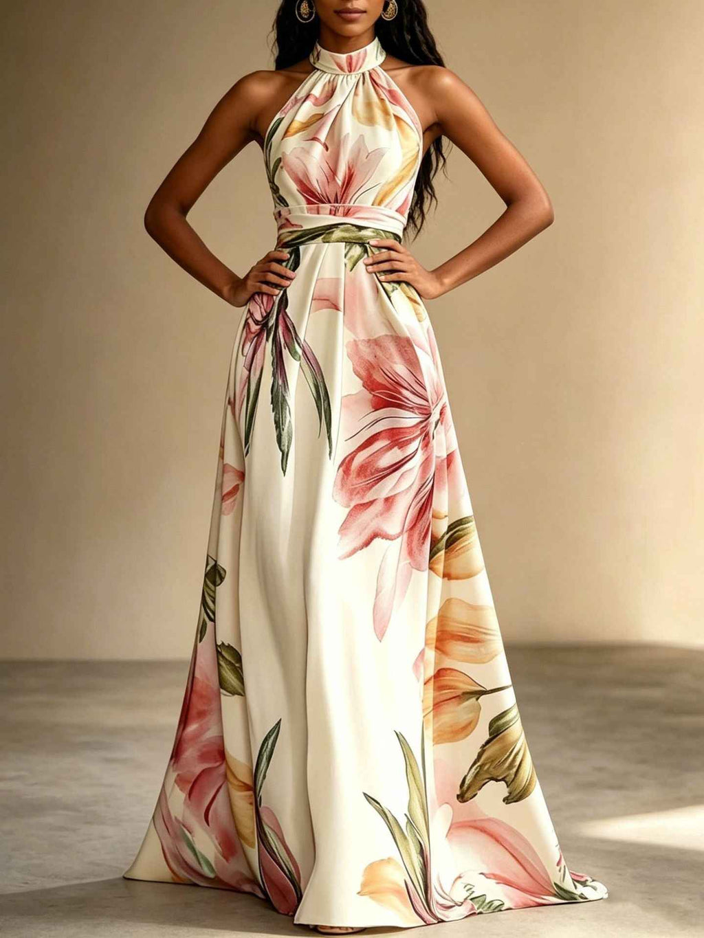 Sleeveless High-Waist Open-Back Floral Print Flared Hem Maxi Dress