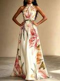 Sleeveless High-Waist Open-Back Floral Print Flared Hem Maxi Dress