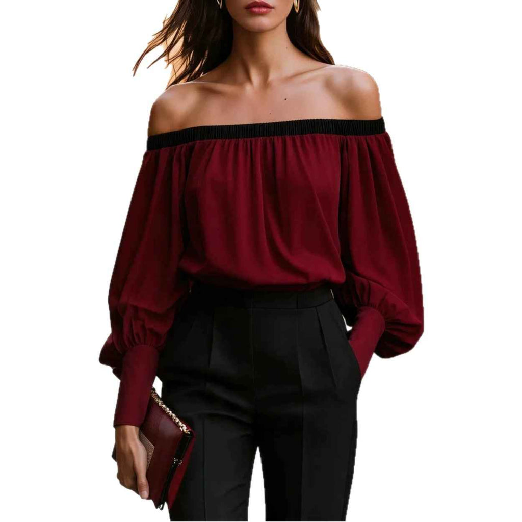 Off-shoulder Boat-neckline Loose-fit Draped Lantern-sleeve Solid-color Top