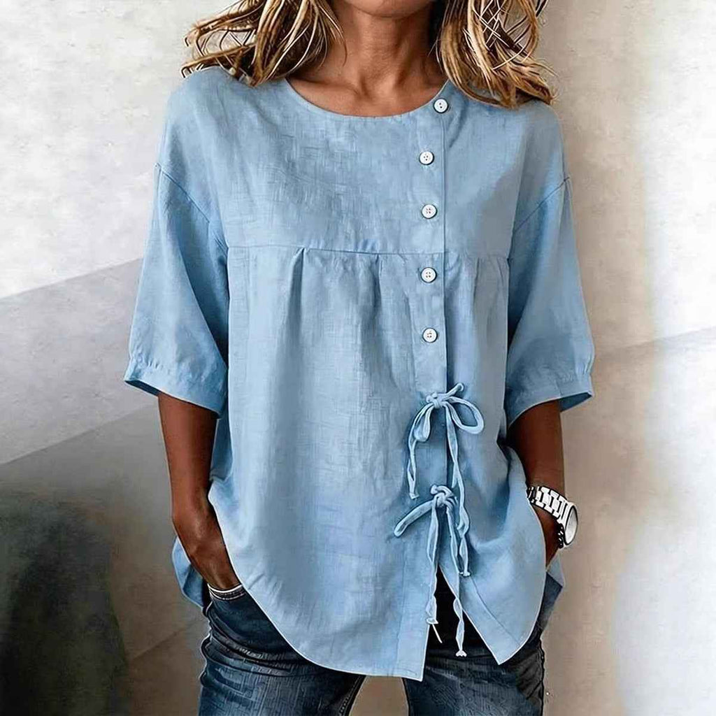 Lace-Up Button Linen Shirt – Asymmetric Three-Quarter Sleeve