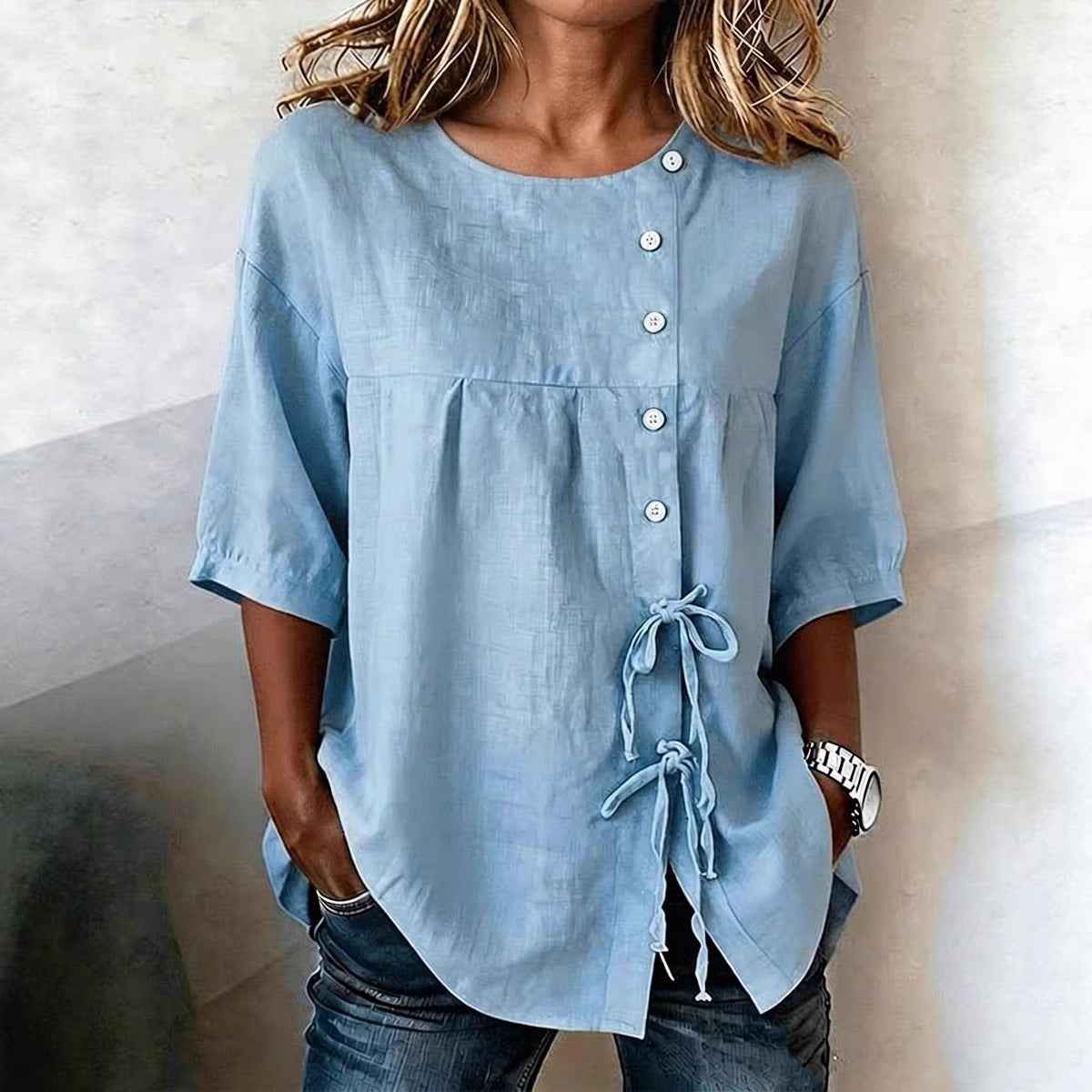 Lace-Up Button Linen Shirt – Asymmetric Three-Quarter Sleeve