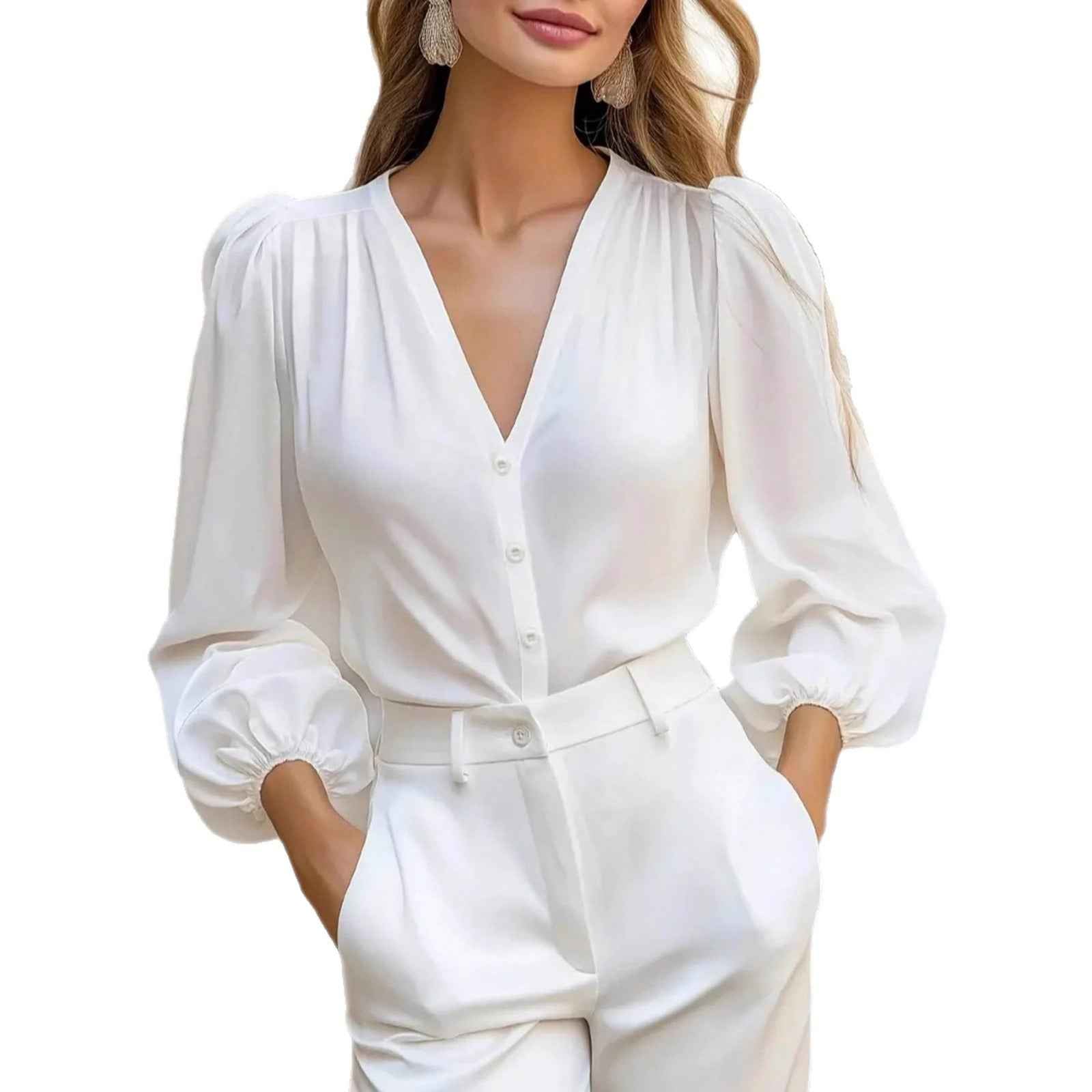 Elegant Cardigan-Style Long-Sleeve Blouse – Office Chic