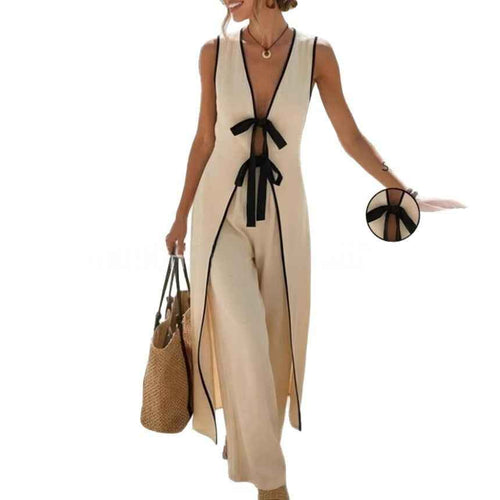 Resort-style Color-block Sleeveless Long Vest With Bow And Wide-leg Pants Two-piece Set