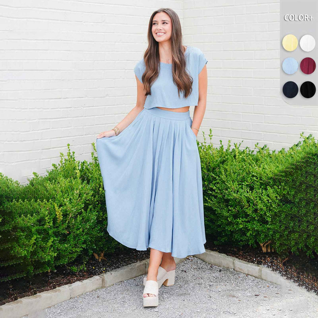Cropped Top & Pleated Midi Skirt Two-Piece Set