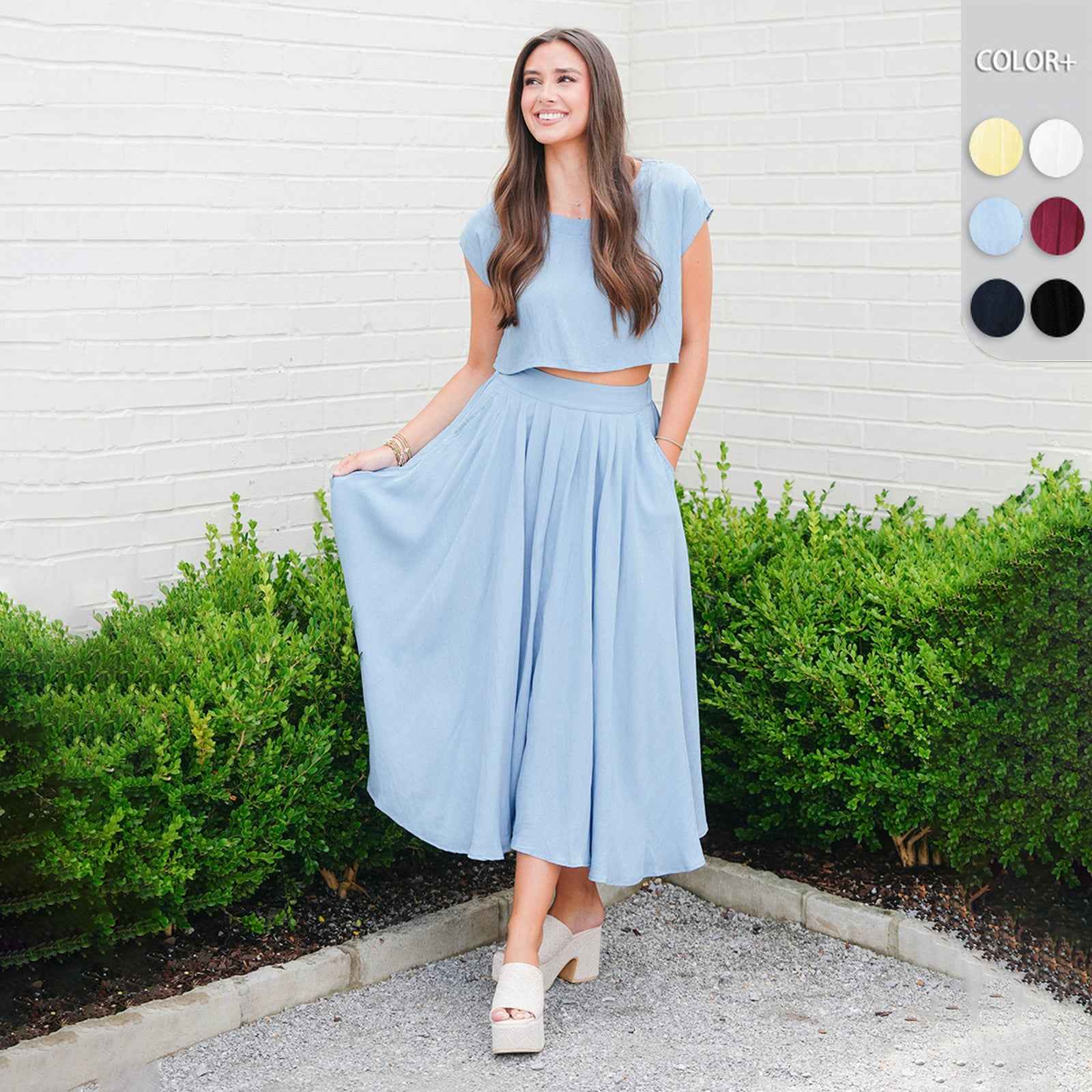 Cropped Top & Pleated Midi Skirt Two-Piece Set