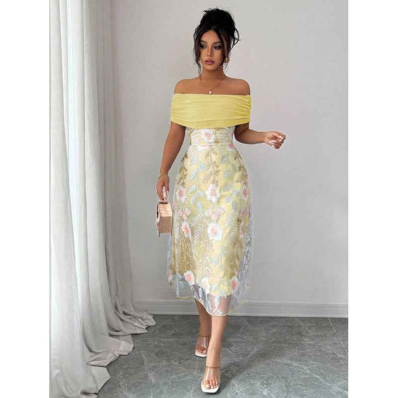 Floral Mesh-Panel High-Waist Pleated Maxi Dress