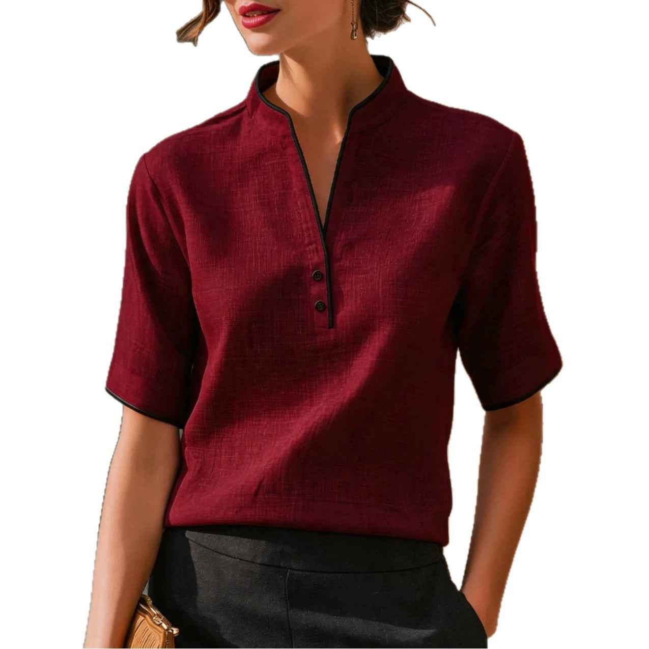 V-Neck Short Sleeve Pullover Top – Slim Fit Commuter