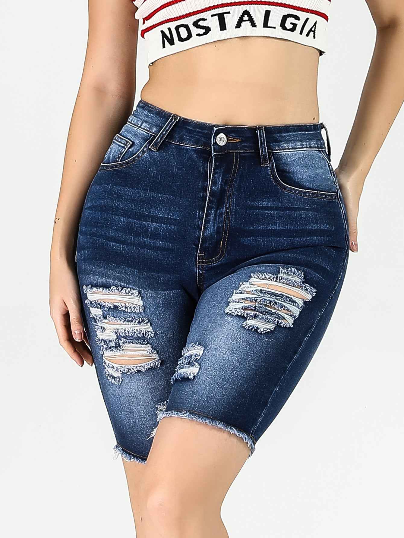 High-Waisted Skinny Denim Shorts – Distressed Wash
