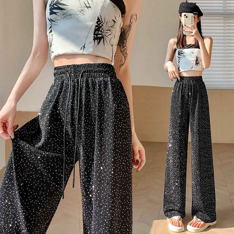 Summer New Arrival Rhinestone Embellished Textured Trousers